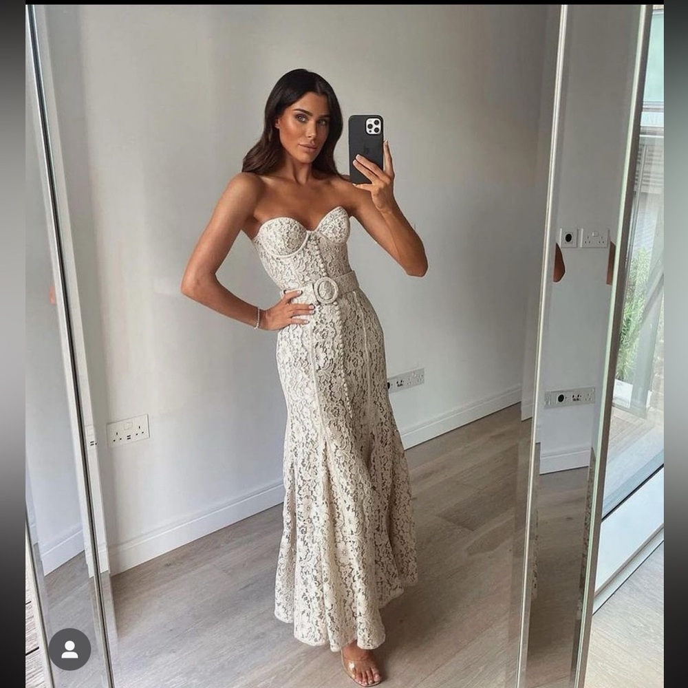 Strapless Lace Corset Belted Maxi Dress in Cream